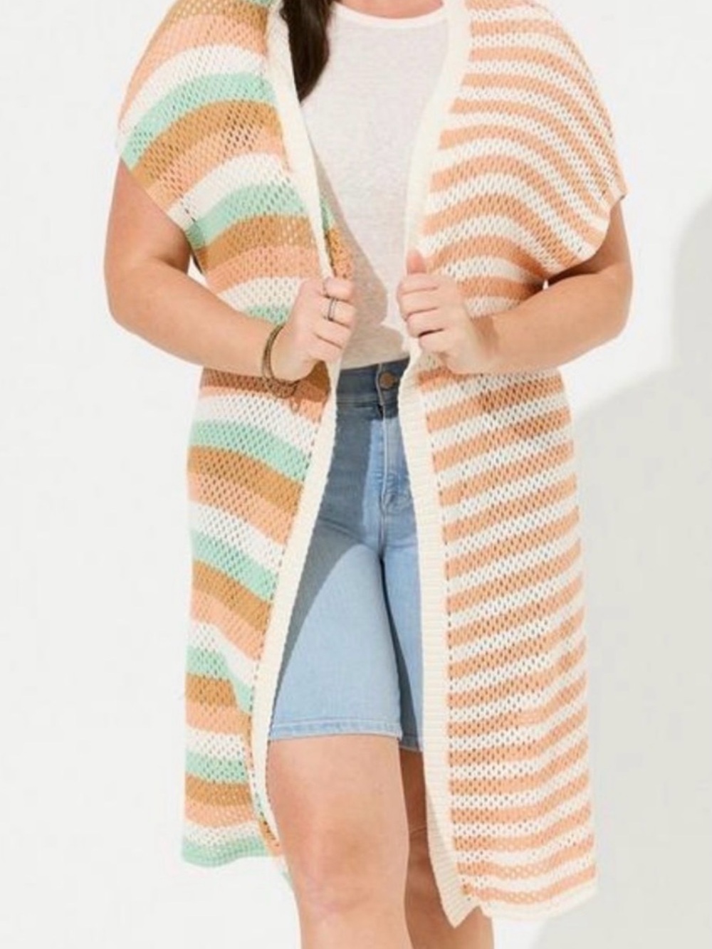 Torrid Multi Stripe Crochet Knit Duster Sweater Vest Orange Mint Green 5/6 NWT